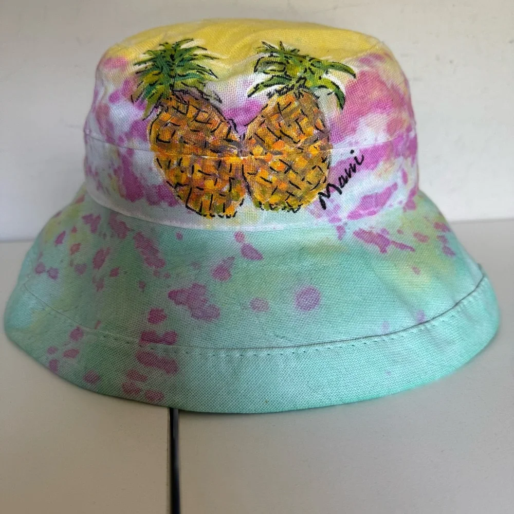 Scala Pastel Pink Aqua Yellow Hawaiian Canvas Pineapple Bucket Hat